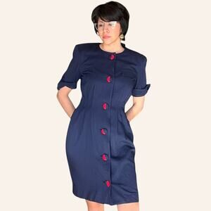 Vintage Navy Wiggle Dress Red Buttons Short Sleeve Size Medium/Large